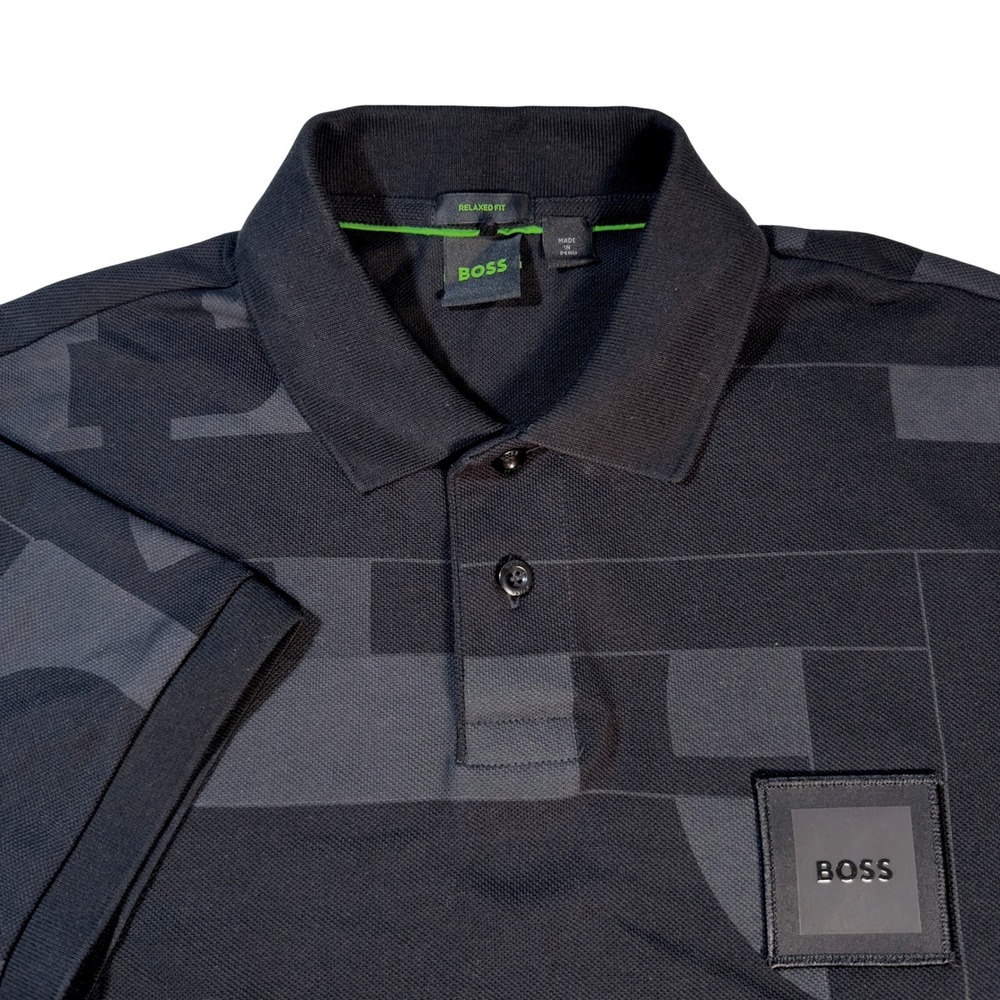 BOSS Polo Shirt Mens Small Black Excellent Relaxed Fit Geometric Graphic Logo